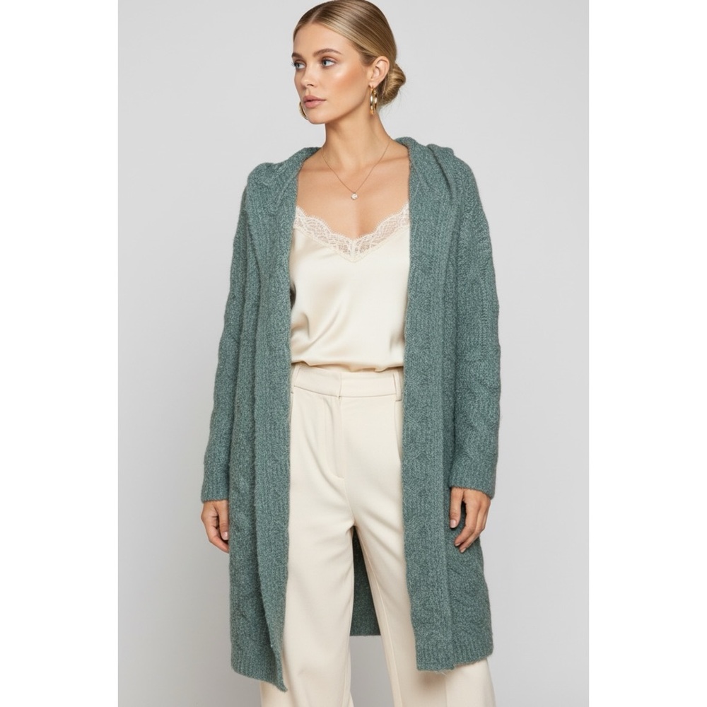 POL Sage Green Hooded Cardigan | Plush Fuzzy Long Knit Coat - Picture 2 of 8